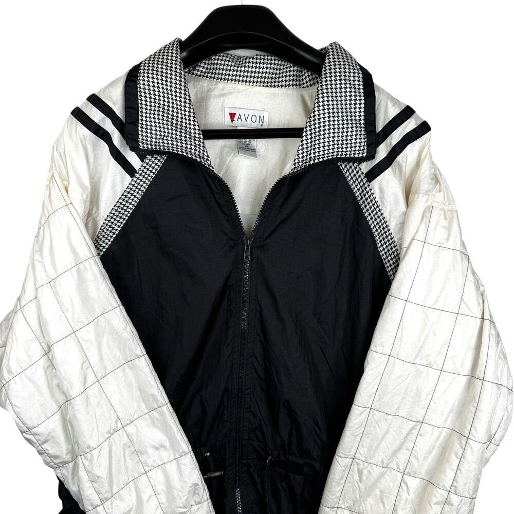 Vintage Lavon Nylon Windbreaker Jacket Womens XL Black White Houndstooth 90s